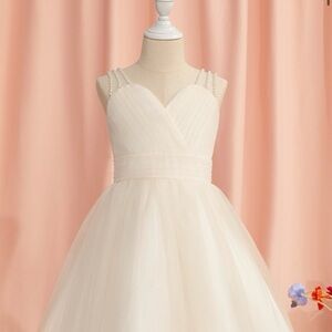 Ivory A line v-neck tulle flower girl dress with pearl/lace straps